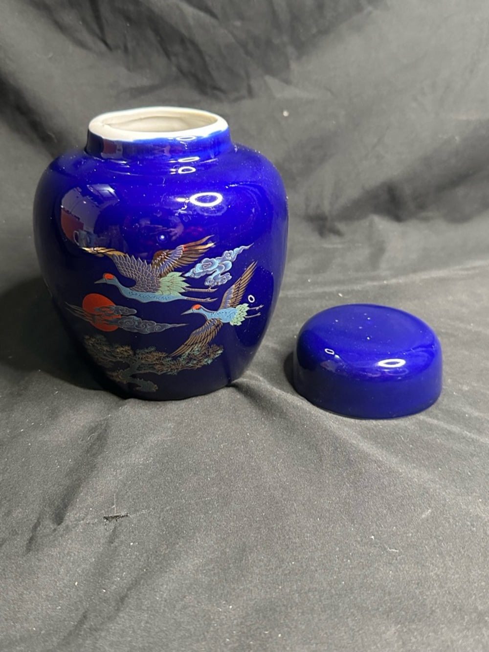 Cobalt Blue Ceramic Decorative Jar with Crane Motif